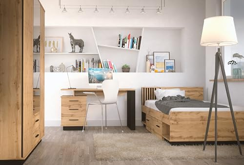 Jugendzimmer Lamelo Komplett Set, 4-teilig | Eiche Wotan & Schwarz Matt, Optional mit 7-Zonen-Kaltschaummatratze, Verschiedene Set Varianten
