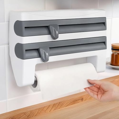 Wall Roll Holder Kitchen Cling Film Dispenser 4-in-1 Aluminium Foil Dispenser and Freshness Kitchen Roll Holder Wall Cling Film Dispenser Foil Cutter