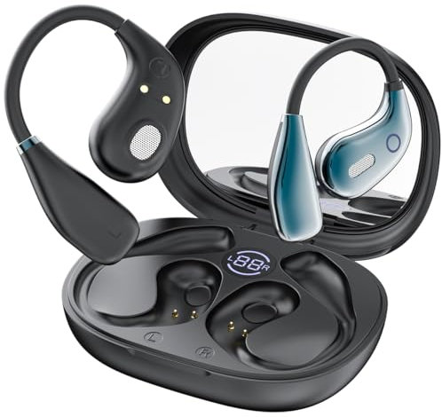 Open Ear Headphones Bluetooth 5.4 Bone Conduction Wireless Earbuds with LED Display Charging Case Makeup Mirror Open Earbuds Ultra-Light Sports Earphones with Secure Fit Sweatproof for Sport, Driving