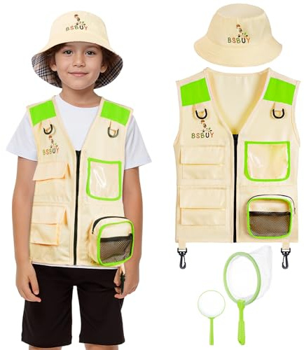 BSBUY Forskningsset för barn, 4 stycken utforskningsleksaker med lastväst, hatt, insektsnät och förstoringsglas, utomhusleksak för natur, utforskning, camping, forskare