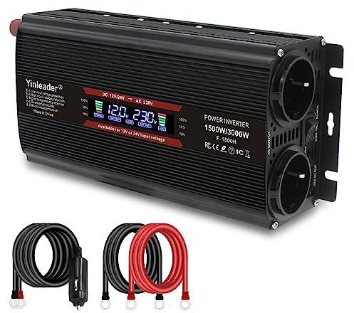 Yinleader 1500W /3000W Wechselrichter 12V/24V auf 230V KFZ Spannungswandler, Großes LCD-Display, Dual EU-Steckdose & USB, inkl. Batteriekabel & Zigarettenanzünder, Inverter für KFZ LKW