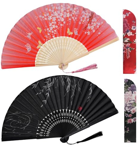 Auiremrti Handheld Fans, Floral Hand Fans, Silk Bamboo Fan with Tassel and Fabric Cover for Dance, Wedding and Party Props, Decoration