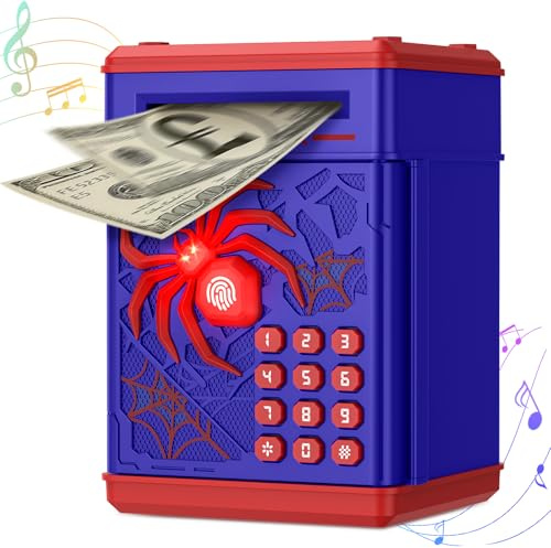 Spider Money Box,Thedttoy ATM Piggy Bank with Simulated Fingerprint,Digital PIN Money Saving Box with LED Light,Money Safe for Kid,Birthday Gifts for 3-12 Years Boys Girls-Blue