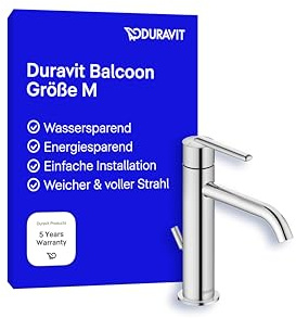 Duravit Balcoon tvättställskran, storlek M (pip höjd 138 mm), energisparande handfatskran (FreshStart), vattenbesparande kran badrum (MinusFlow), med dragstång avloppsarmatur, krom