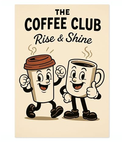 The Coffee Club Kitchen Wall Art, Modern Food Poster, Cartoon Mascot Prints, Kitchen Typographic Home Decor, A5 (Print Only) - 21x14.8cm