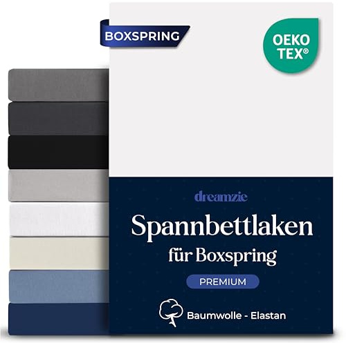 Dreamzie Boxspring Spannbettlaken 180x200cm - Baumwolle Elastan Premium Komfort 250 GSM - 40 cm, Boxspringbett oder Dicke Matratzen - Oeko-Tex - Weiß