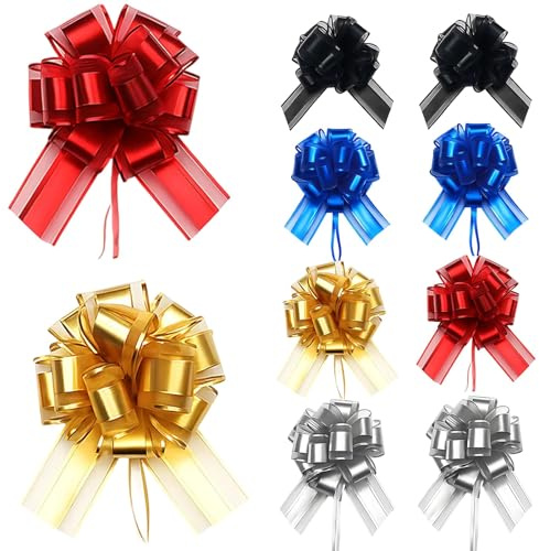 JazRvr 10 Stück Selbstklebende Geschenkschleifen, Hochwertige Schleifenbänder in Gold, Silber, Rot, Blau, Schwarz - Ideal für Geschenkverpackung, Partydekoration & Bastelprojekte