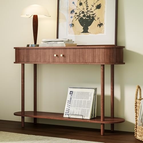 HOLTICO Console Table with Drawers and Tambour Door, Brown Entryway Table Wooden Narrow Console & Sofa Tables for Hallway, Living Room, Bedroom