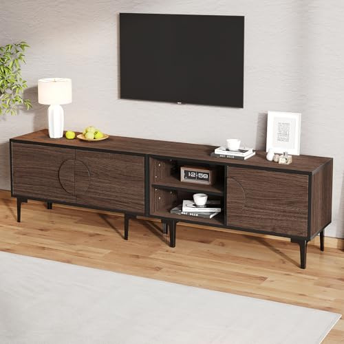 YuQozii 180 * 35 * 49 cm Lowboard TV Mueble TV Soporte para el Salón Mueble de TV con 2 armarios, Mueble de TV con compartimentos abiertos, color nogal oscuro, apto para televisores de 80 pulgadas