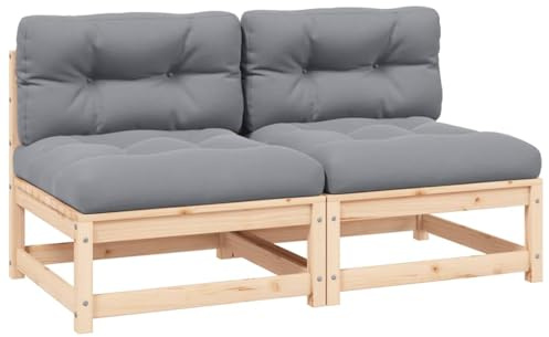 Runheo Mellanliggande trädgårdssockor med grå kuddar, set om 2 massivt trä, tall, 70 x 70 x 67 cm, modulär loungesoffa för utomhus, möbler i set, robust och bekväm