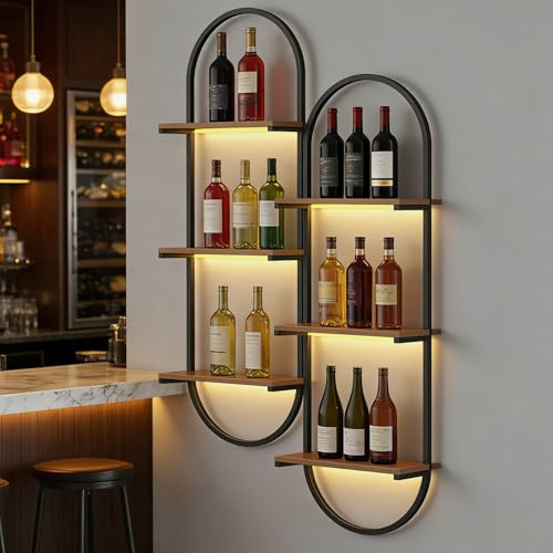 RAJYQODIS Weinregal Wand aus Metall, schwarzes schwebendes Industrieregal, 3-stufiger Wandmontage Wine Display-Ständer, für Hausbar, Esszimmer, Küche und Wohnzimmer (2)