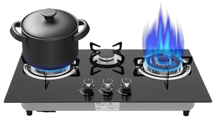 Glas Gaskochfeld 3 Flammig Gasherdplatten Erdgas Propangaskocher für Innenbereich, 8350W, (3300W+1750W+3300W), Herdplatte 3 Kochfelder für Flüssiggas und Erdgas Geeignet für Alle Töpfe