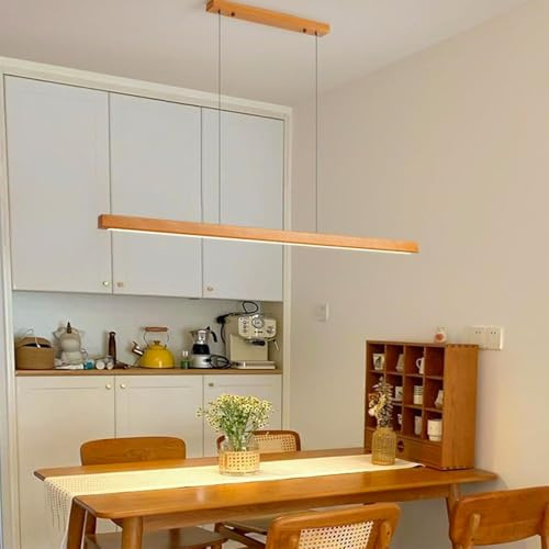 NVKE LED Pendelleuchte esstisch holz Dimmbar Linear Design Hängeleuchte Esstisch lampe Lineare Hängelampe mit Fernbedienung höhenverstellbar Kronleuchter für Esszimmer Küche Büro Lampe(100cm)