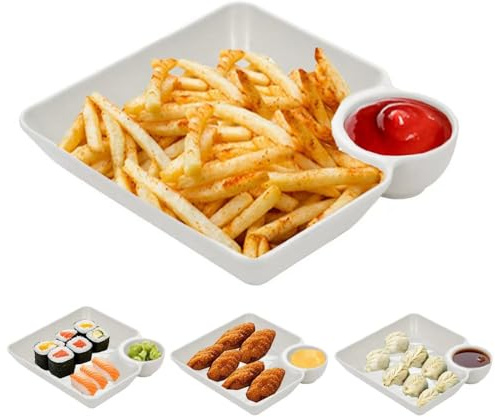 ZFFAFUR Chips and Salsa Serving Dish, Dip Bowls, White Dipping Bowls Soy Sauce Plate for Side Dishes with Dipping Sauce Compartment, for Tomato Sauce, Vinegar, BBQ and Party Dinner
