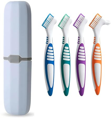 4 Brosses Nettoyantes pour Prothèses avec Boîte de Rangement | Poils Doux Anti-Rayures Manche Léger Caoutchouc pour Appareil Gouttière Séniors Voyage Maison