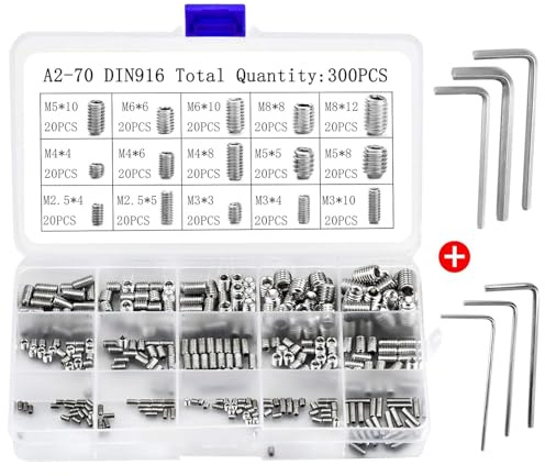 300 Stück Madenschrauben Set M3 M4 M5 M6 M8 Gewindestifte, Edelstahl Helicoil Set mit 6 Stk. Sechskantschlüsseln, Innensechskant Sortiment Befestigung Kit für Türgriffe, Wasserhahn