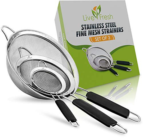 LiveFresh Food Strainer Set - Premium Fine Stainless Steel Fine Mesh Set of Strainers, Colanders and Sifters Crafted for Quinoa and More with Comfortable Non Slip Handles - Set of 3