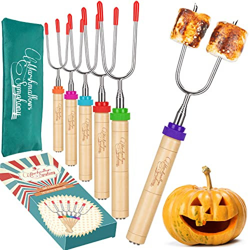 CARPATHEN Lagerfeuerstäbchen für Marshmallows und Hot Dogs – Rotierende Marshmallow-Bratstäbchen Set mit 6 extra langen einziehbaren Gabeln für Feuerstelle & Kamin – Campingzubehör