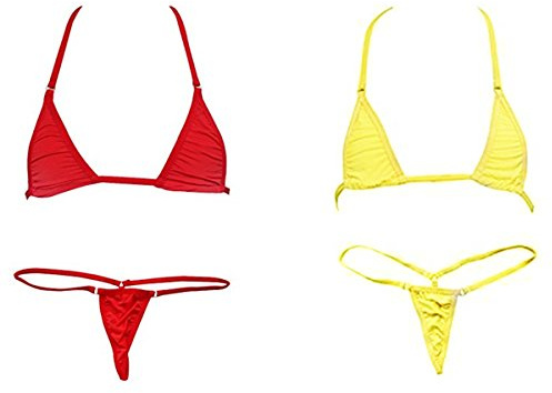 Hnjzx Micro-bikini för kvinnor, dambikini set, set med behå och stringtrosa, mini bikini, sexig baddräkt, badkläder, (2 st) gul + röd, M