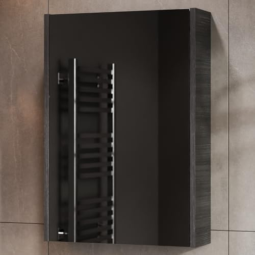 Planetmöbel Spiegelschrank Bad 50 cm, Badezimmerschrank | Aufbewahrungsschrank mit Tür und 2 Glasregalböden, 47,6 x 67,6 x 13,8 cm, Anthrazit