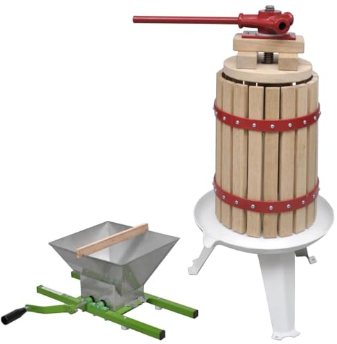 vidaXL Fruit & Wine Press and Crusher Set 2 Piece Juice Maker with a Cloth Bag for Filtration Apple Grapes Crusher Homemade Making Wooden 6L