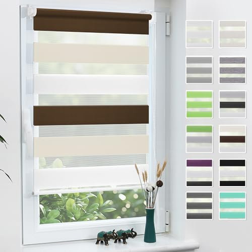 Grandekor Doppelrollo Klemmfix ohne Bohren Weiß-Beige-Braun 45x130cm(Stoffbreite 41cm) Fenster Rollos für innen Klemmrollos Duo Rollos für Fenster ohne Bohren mit Bohren Privatschutz Zebrarollo