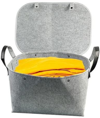 AEESRRU Filz Aufbewahrungsbox, aufgerüstete Filzkorb mit mit Deckel, Größe 49x32x26cm, Wäschekorb Aufbewahrungskorb für Spielzeug, Bücher Zeitschriften, DoppelgriffNaturmaterial ohne Geruch (grau)