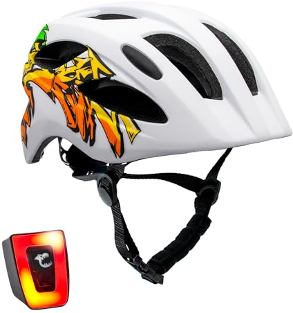 Crazy Safety Cool Kinder Fahrradhelm | Fahrradhelm Kinder 6-12 Jahre für Fahrrad, Skateboard, Mountainbike, Inlineskates | USB-aufladbares Rücklicht | Verstellbarer Fahrradhelm 54-58 cm (Weiß/Gelb)