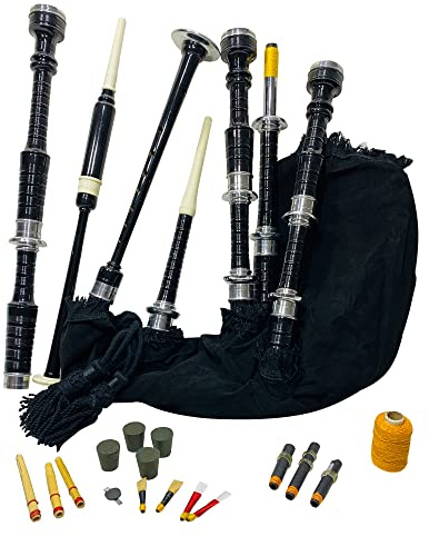 Scottish Bagpipe Set Folk Culture Heritage Musical Instruments Rosewood Black Finish Sliver Mounts Black Tartan Bag Cover Includes Free Tutor book Cane Drones