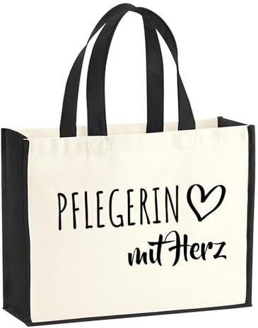 Huuraa Jutetasche Pflegerin mit Herz Geschenk | Großer Shopper 21 Liter Juteshopper Black Tasche aus Jute und Baumwolle Einkaufstasche Geschenkidee Tragetasche mit Motiv