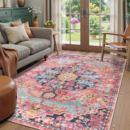 Lahome Reine 5x7 Boho Living Room Rug Colorful Bedroom Rug, Large Bohemian Nursery Rugs, Hot Pink Non-Slip Machine Washable Soft Playroom Mat Indoor Floor Accent Carpet for Dining Table Mud Room