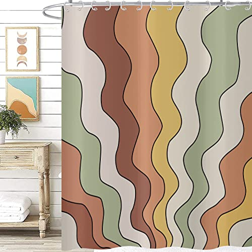 Hnmdmyi Duschvorhang Retro Vintage Groovy 180x180, Ästhetisch Bunt Orange Gelb Grün Hippie Trippy Mid Century Abstrakte Kunst Badewanne Vorhang Wasserdicht Polyester Stoff Waschbar Badevorhang