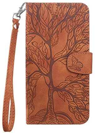 Nbziyoo Phone Case for iPhone 13,the Butterfly Tree Embossed PU Leather Wallet Flip Case with Card Holder,Wrist Strap,Magnetic Closure Shockproof Kickstand Cover Case, Brown