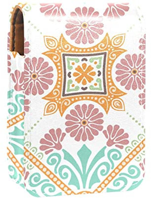 Tragbare Lippenstift-Hülle für Reisen, Mini-Lippenstift-Aufbewahrungsbox mit Spiegel für Frauen und Damen, Leder-Kosmetiktasche, marokkanisches Blumenmuster, Mehrfarbig, 9.5x2x7 cm/3.7x0.8x2.7 in