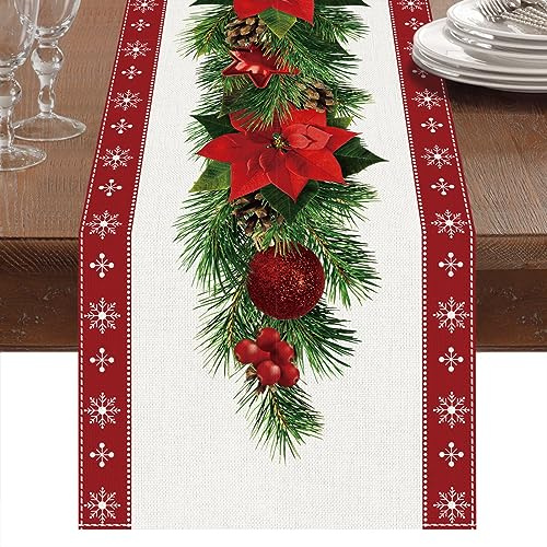 Camino de Mesa Navideño de Lino Rojo Con Estampado de Campanas, Árbol y Flores Rojas - Adorno Largo para Decoración de Mesa de Cena (230 x 33cm)