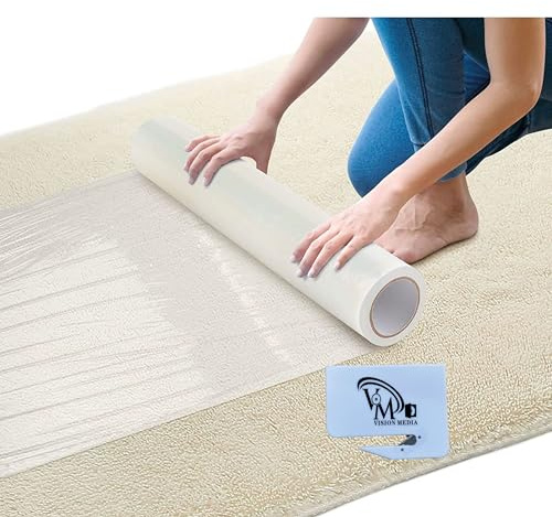 VISION MEDIA® 50m x 60cm Heavy Duty Clear Carpet Protector – 80 Mic Thickness Premium Self-Adhesive Floor Protector - Waterproof Carpet Roll - Easy Unwinding - Safety Cutter Included