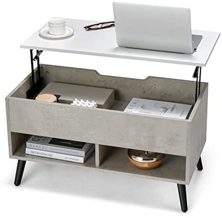 GOPLUS Mesa de Centro Elevable con Patas de Madera, 80 x 40 x 58 cm, Mesita de Sofa Baja con 1 Compartimento y 2 Estantes Abiertos, Tablero de Moderno para Salón, Oficina, Dormitorio (Gris)