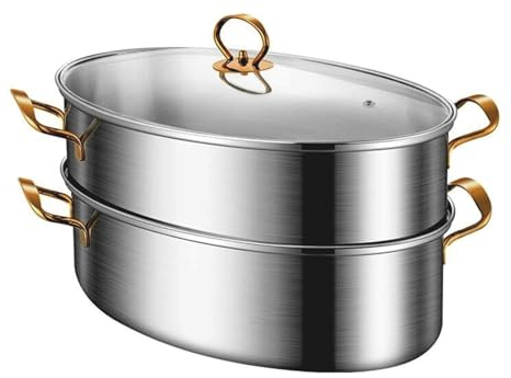 AIZYR 2-Tier Stainless Steel Fish Steaming Pot, Oval Steaming Pot with Rack and Ceramic Pan Fish Cooking Pot for Seafood, Fish, Shellfish, Dumpling and Soup