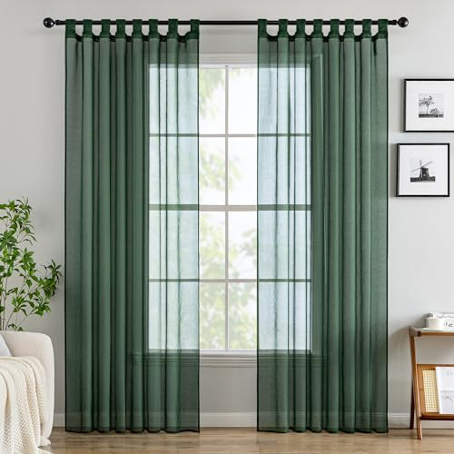 EMEMA Gardinen Transparent Vorhang Set Wohnzimmer Voile Schlaufenschal mit Bleibandabschluß 2er-Pack Wohnzimmer Luftig Dekoschal für Schlafzimmer 140 X 225 cm (B x H) Dunkelgrün