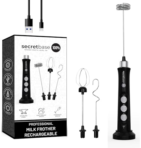 Secretbase Handheld Rechargeable Milk Frother - 3 Speed, USB-C Charging - Stainless Steel Double Whisk for Bulletproof Coffee, Espresso Whipper, Mini Electric Stirrer (Black Frother without Pitcher)