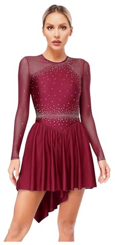 CHICTRY Eiskunstlauf Kleid Damen Langarm Glitzer Strass Rollkunstlauf Kleid Stehkragen Ballettkleid Mesh Patchwork Tanzkleid Mit Asymetrisch Rock Tanzkostüm