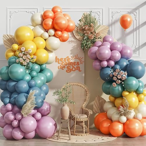 124PCS Rainbow Balloon Arch Kit, Assorted Colorful Balloon Garland with Dusty Slate Blue Retro Orange Balloons, Mustard Yellow Beige Balloons for Baby Shower Boho Groovy Birthday Party Decorations