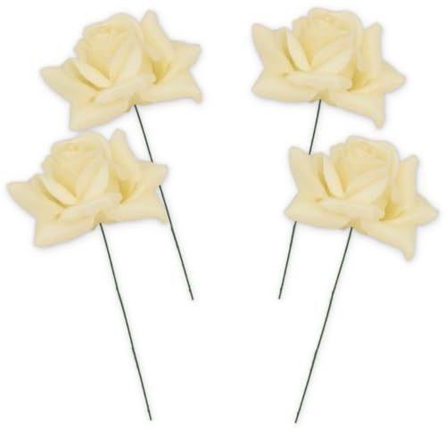 Kunstrosen-Blüten mit Stiel als künstliche Deko-Rosen aus Wachs - 4 creme-weiss Rosenblüten wie echt für Blumengestecke Blumen-Dekoration - Wachsrosen als Kunstrosen Friedhof Grabschmuck