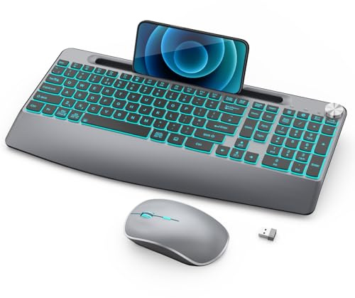 Rechargeable Backlit Keyboard and Mouse Combo - Full-Sized Lighted Keyboard with Wrist Rest, Phone Holder, Volume Knob, 2.4GHz Wireless for Computer, Laptop, PC, Mac, Windows - Grey