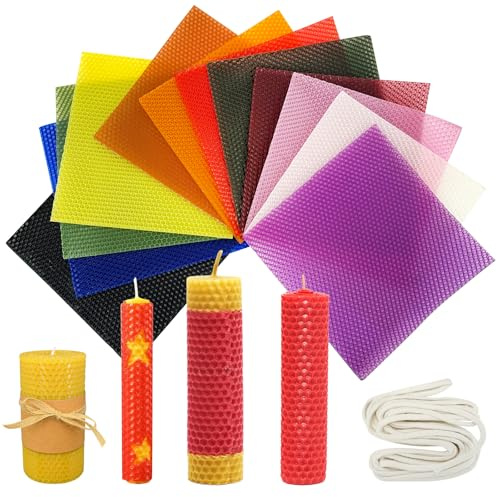 Yuragim Kit de fabrication de bougies en cire d'abeille - Plaques de cire d'abeille pour bougies - 12 couleurs - Plaques de cire d'abeille de 20 x 20 cm - Avec mèche en coton de 1 m - Pour adultes et