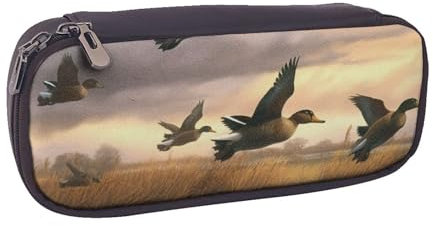 ULKMFFCF Bedrucktes Federmäppchen mit Jagd-Motiv und wilden Enten – PU-Leder für Studenten, Schreibwaren-Tasche, Stiftebox mit Reißverschluss, für Schule, Büro, Reisen und Make-up, Schwarz ,