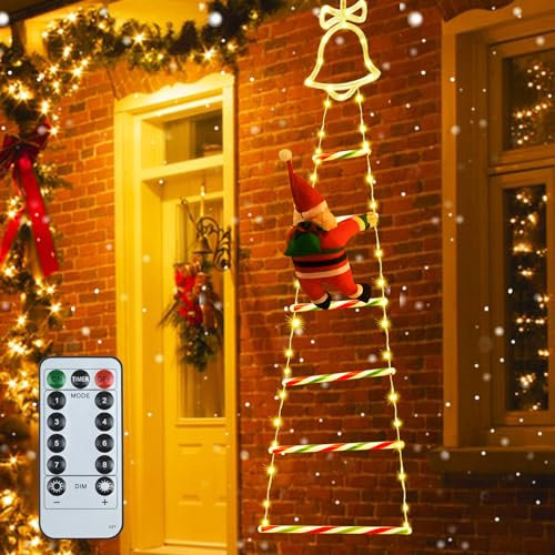 Ulikey Weihnachtsmann Leiter Lichterkette, 8 Modi LED Weihnachtsbeleuchtung Mit Fernbedienungen, Santa Kletterleiter Weihnachtsschmuck für Außen Und Indoor Hängend Deko (Warmweiß, 1.1M)