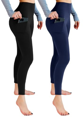 Leafigure Lot de 2 leggings de sport opaques taille haute avec poches pour entraînement, sport, yoga, course à pied