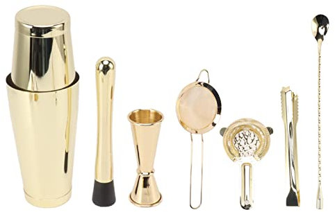 Boston - Juego de coctelera de 8 piezas, juego de coctelera de acero inoxidable con colador, cuchara mezcladora doble, cuchara mezcladora, vertedor, accesorios de bar, kit de bar (dorado)