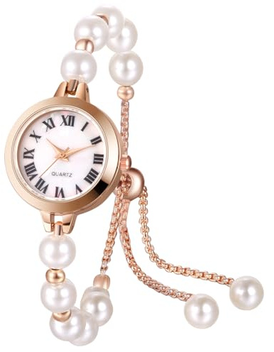 Avaner klockor damer pärlor armband: Liten damklocka med romerska siffror fashionabla damer armbandsur smyckespänne armband analog kvartsklocka för kvinnor flickor, Vit
